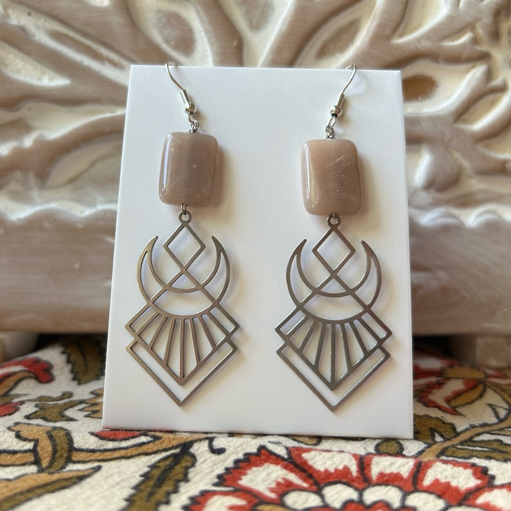 Handmade Peach Moonstone Geometric Boho Earrings -  2.5” Drop - New